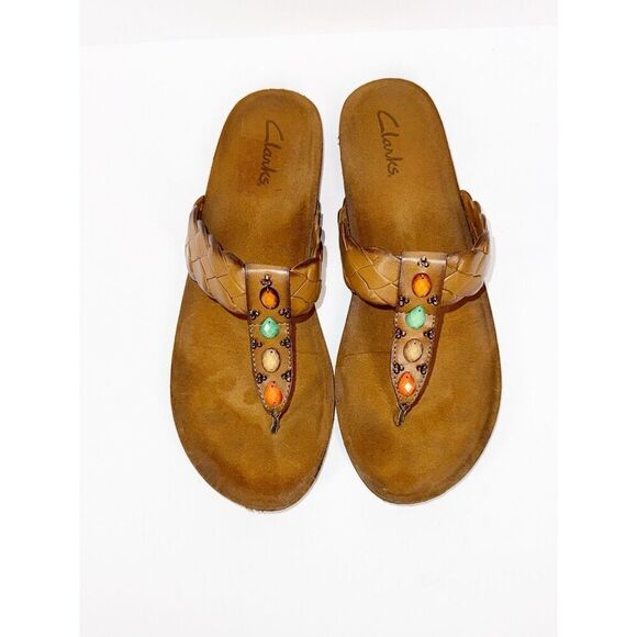 Clarks Thong Sandals Brown Vegan Leather Jewels Boho Western Aztec Coral Braid 8 - Picture 11 of 16